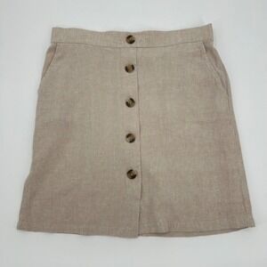 Prosecco Women Beige‎ Linen Blend Button Front Mini Skirt Size 12 Elastic Back